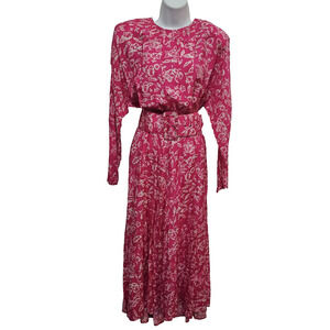 Vtg Womens Dress 11/12 Pink Floral Midi Secretary USA Cottage Victorian 80s 90s